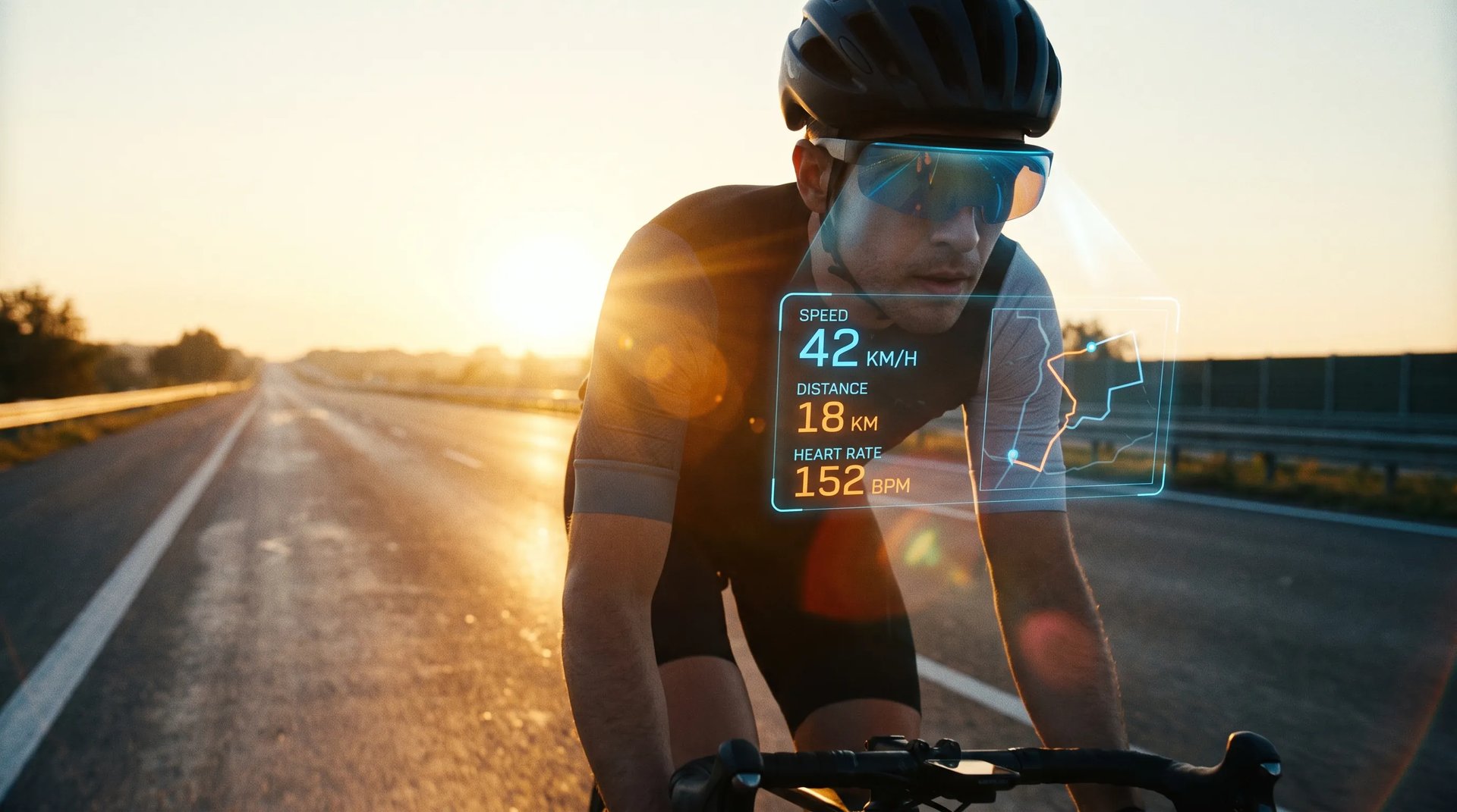 Cyclist at sunset with a holographic data overlay showing speed, distance, and heart rate