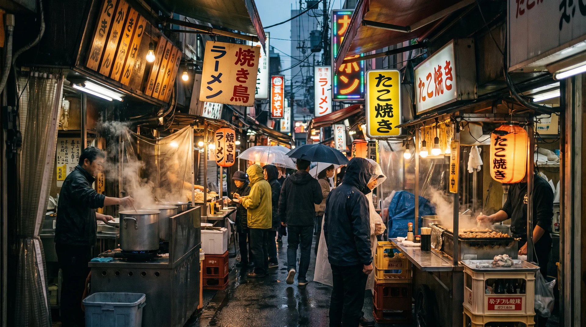 Rainy Japanese street food market with legible multilingual signage