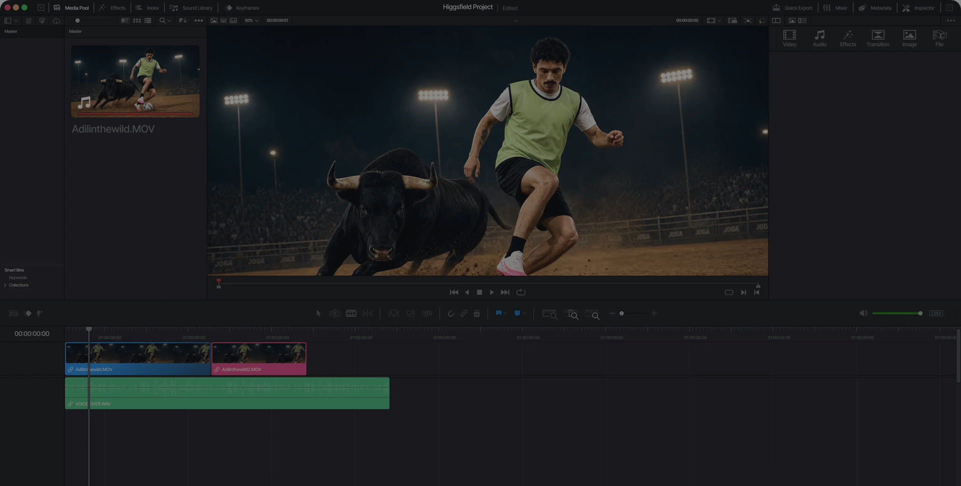 DaVinci Resolve workspace with Higgsfield tools