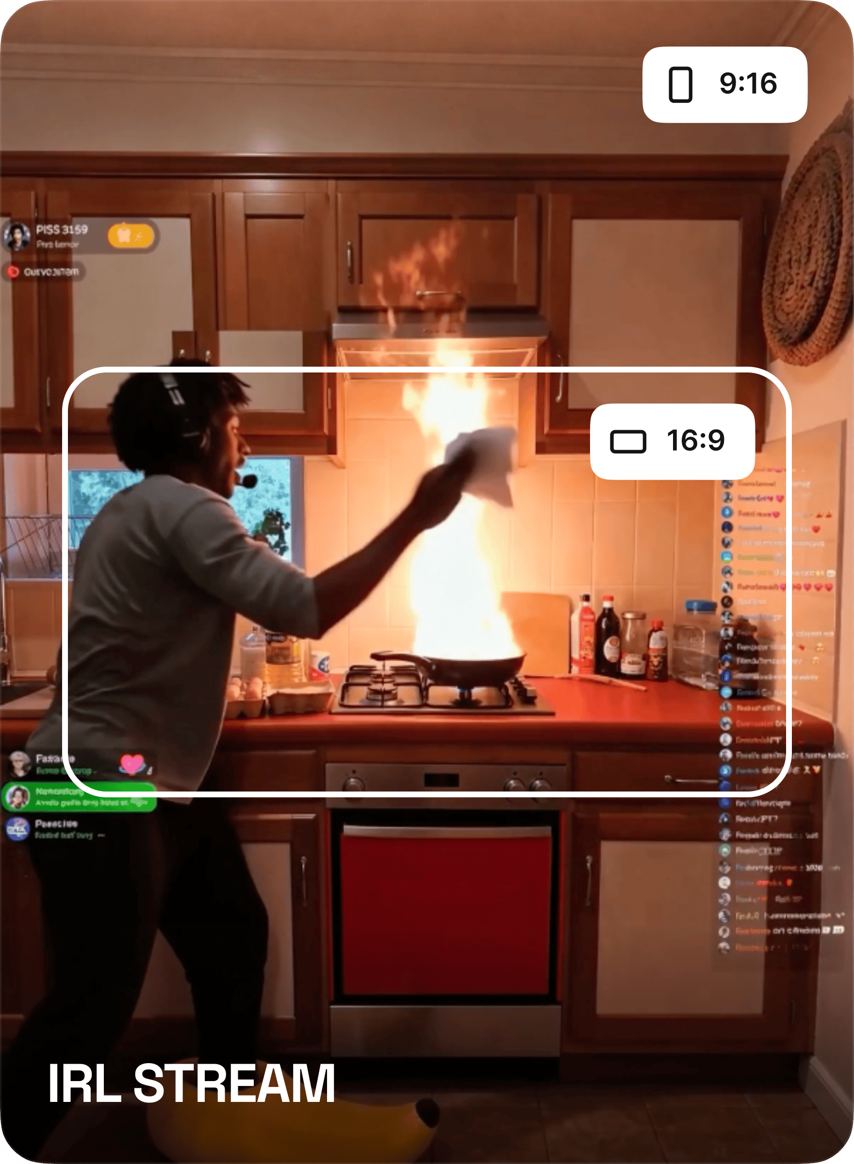 IRL stream reframed into 16:9 and 9:16 layouts