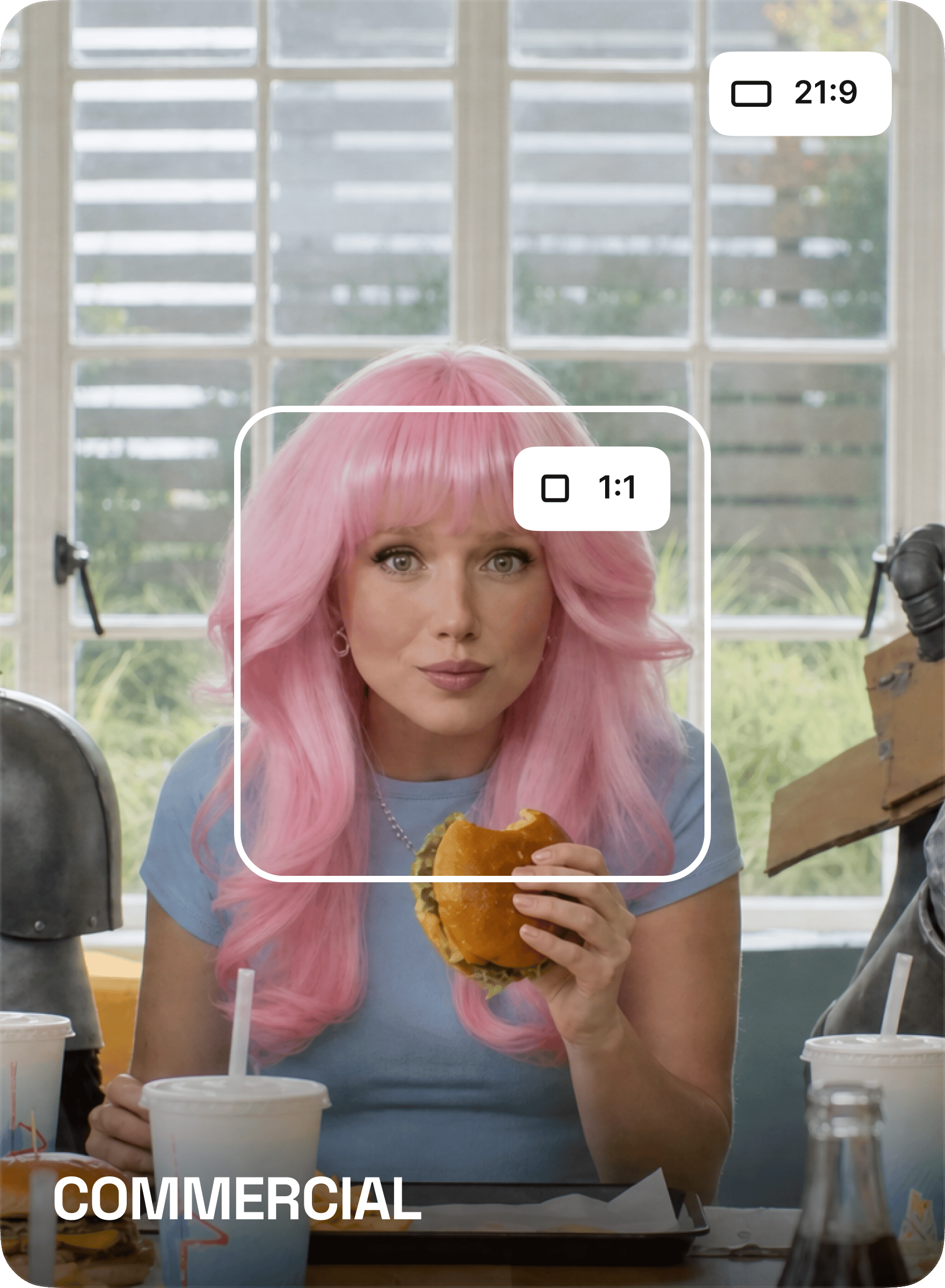 Commercial video reframed into 21:9 and 1:1 layouts