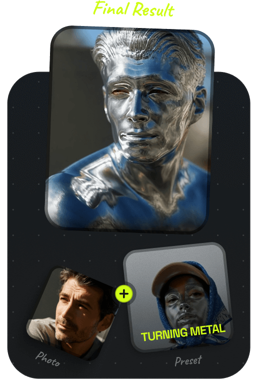 AI photo-to-video transformation with Wan 2.5 Pro: a portrait of a man combined with a ‘Turning Metal’ preset, generating a final result of a hyper-realistic metallic sculpture effect.