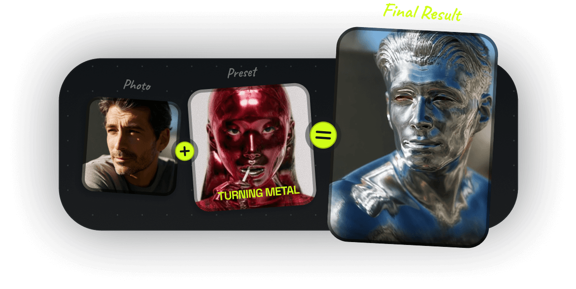 AI photo-to-video transformation with Wan 2.5 Pro: a portrait of a man combined with a ‘Turning Metal’ preset, generating a final result of a hyper-realistic metallic sculpture effect.